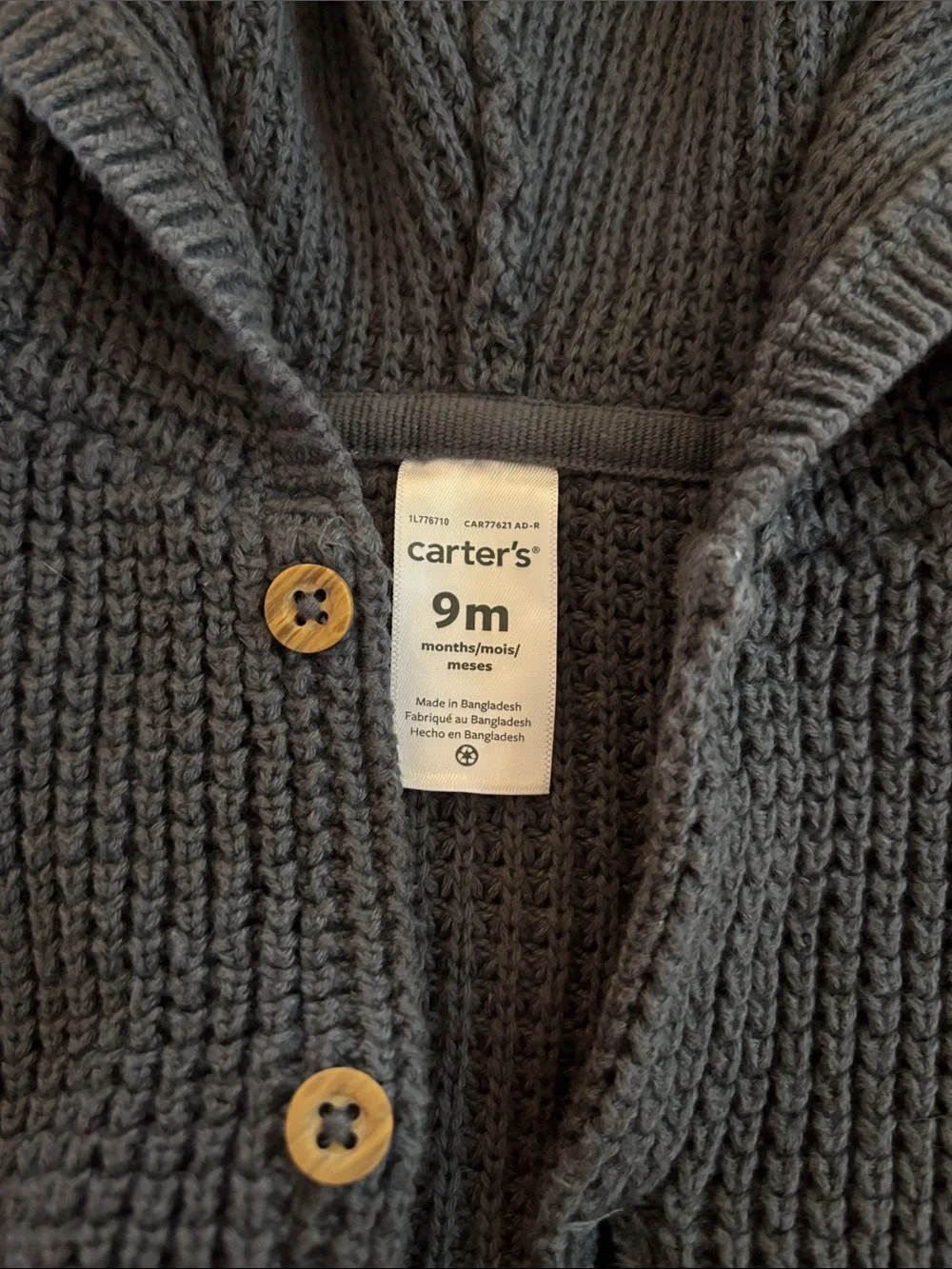 Carter's Gray Knit Hooded Baby Cardigan with Wood-Tone Buttons